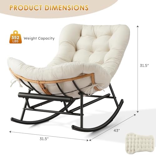 Papasan Rocking Chair, Oversized Lounge Egg Chairs with Thick Removable Cushion, 350 Lbs Comfy Patio Rocker for Balcony, Porch, Garden, Lawn, Living Room, Beige - 1