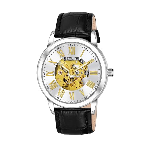 Image of Benling Men's Skeleton Automatic Analog Watch Combo | Open Gear Dial | Leather and Stainless Steel Chain Strap | Luxury Mechanical Movement | Casual & Formal Wear Stylish Wrist Watch for Men