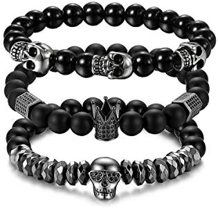 Flongo Men's Biker Stainless Steel Skull Skeleton 8MM Black Bead Stone Bracelet,Men Link Bead Bracelet for Christmas New Year (3 PC)