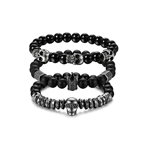 Flongo Men's Biker Stainless Steel Skull Skeleton 8Mm Black Bead Stone Bracelet,Men Link Bead Bracelet For Christmas New Year (3 Pc) #TOP3