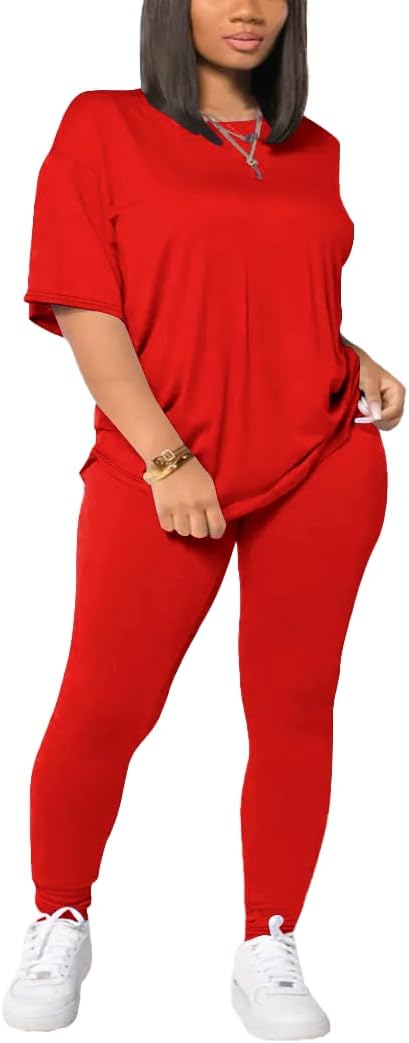 Women's Plus Size 2 Piece Outfits Summer Sweatsuits Drop Shoulder Tracksuits Biker Short Workout Jogger Sets Red-2XL - Image 2