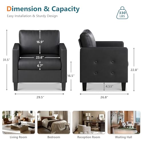 Image of Black Accent Chairs Set of 2, Faux Leather Living Room Chair | STHOUYN, Mid-Century Modern, Tufted Armrest and Seat, Cozy, Office, Reading, Waiting Room, Bedroom