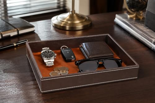 Image of Primuim Leather Desk Organiser Tray Faux Leather, 10 x 08 x 1.5 inch, Decorative Stitching Detail, Modern Professional Faux Rectangular Leather Serving Tray.Brown Color
