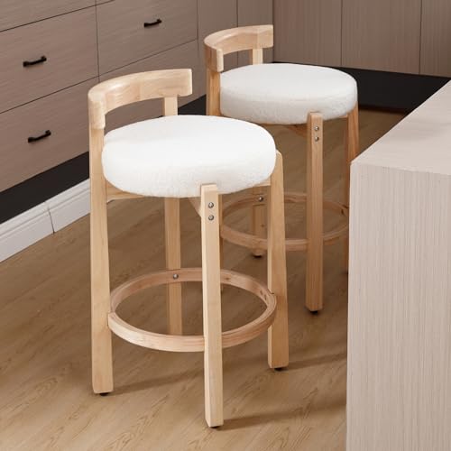 Image of CIMOTA 26.5 inch Counter Height Bar Stools Set of 2 | Mid Century Modern Low Back Bar Chairs with Solid Wood Legs & Sherpa Upholstered Seat, Kitchen Island Stools, White