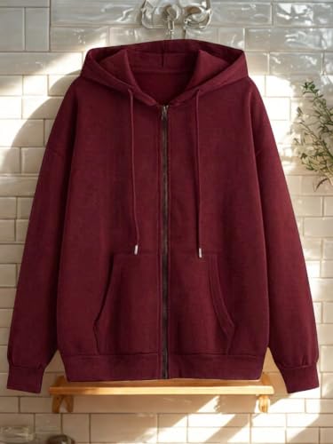 Image of Women's Fleece Fabric Zipper Hooded Jacket Loose Fit /Oversized, Drawstring | Plus Size Also Available
