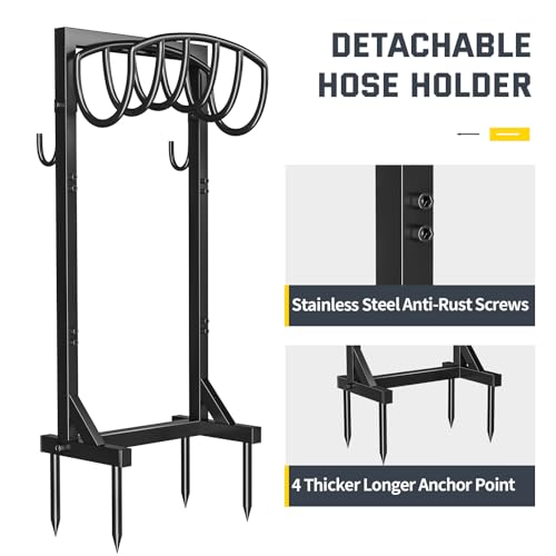 Kesfitt Garden Hose Holder Stand with 4 Spikes & 2 Tool Hooks, Detachable Heavy Duty Metal Freestanding Hose Reel Outdoor Organizer for Lawn Yard Water Storage Rack