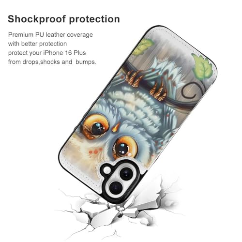 Étui portefeuille iPhone 16 Plus hibou housse cuir à rabat