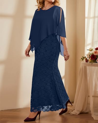 Image of Women's Plus Size Cape Dress with Chiffon Overlay Gown Formal Evening Lace Long Mermaid Dresses 2024