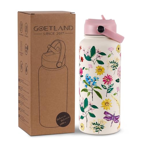 Goetland Flowers Water Bottle Beverage Bottle with Straw Lid 32 oz Stainless Steel Wide Mouth Vacuum Insulated Cute UV Printing Leak Proof For Women Girls Kids Little Pink