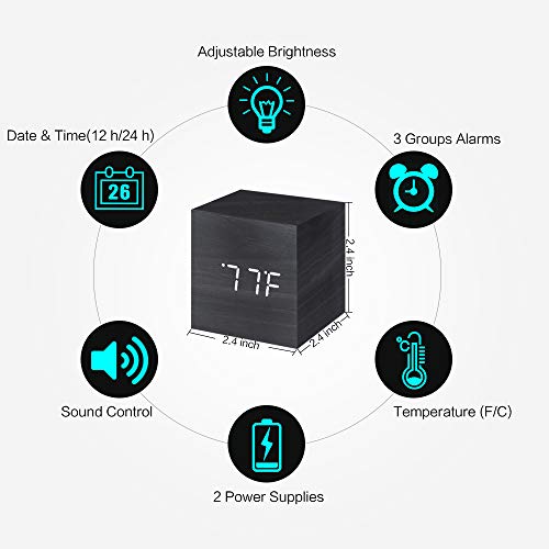 image for Vech Wooden Digital Alarm Clock, Mini Modern Cube Desk Alarm Clock Dis