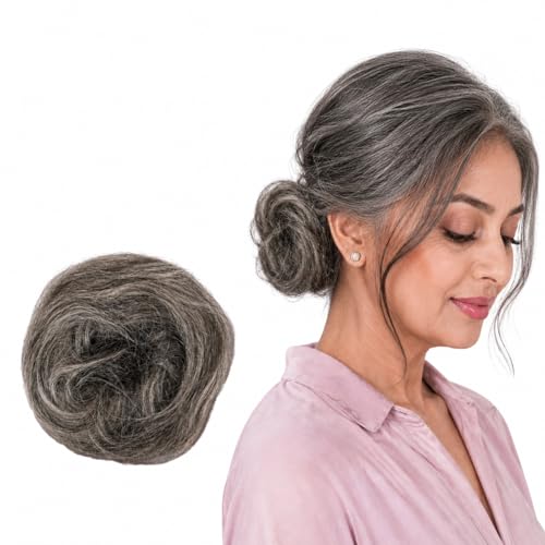 Image of Messy Bun Scrunchie Hair Extension for Women & Girls - 100% Natural Real Human Hair Juda | Hair Bun Accessories for Women - Trendy Messy Hair Look, Grey (30g)