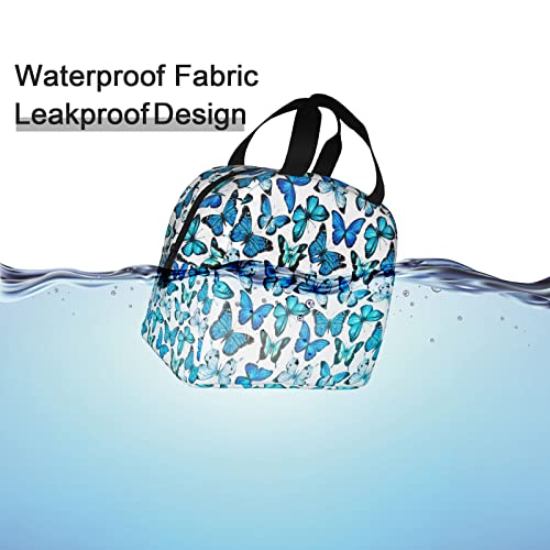 Insulated Lunch Bag Box For Women With Blue Butterfly Print Cooler Thermal Waterproof Reusable Tote Bag With Big Pocket For Work Office Picnic College #TOP4