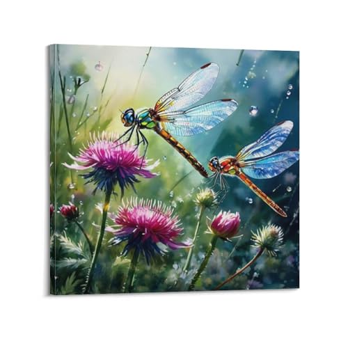 Tableau libellules colorées chardons roses décoration murale nature sur toile 50x50 cm