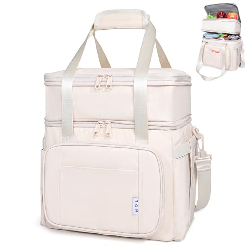 NOL Insulated Lunch Bag for Women/Men, Large Double-layer Expandable Leakproof Lunch Cooler Bag, Lunch Tote Bag With Side Tissue Pocket for Office Travel Picnic (Cream)