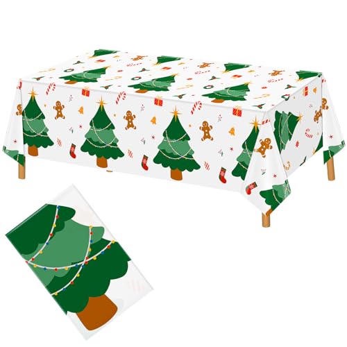 Image of Hxezoc Disposable Plastic Christmas Tree Tablecloth, 54 x 108 Inches Christmas Party Table Cover for Xmas Winter Holiday New Year Home Dinner Decorations