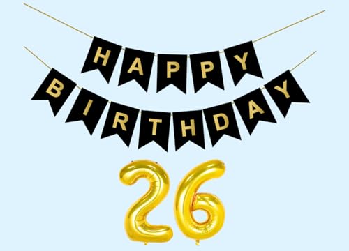 Image of 26th Happy Birthday Decoration Kit Black for 26 year Old Boys Girls Men Women with Number Twenty-six Party Decorations Decor Celebration Items Item Set Combo Reusable Paper Banner