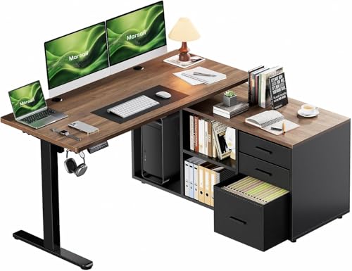 Marsail L-Shaped Executive Standing Desk with File Cabinet, 55