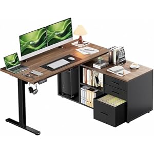 Marsail L-Shaped Executive Standing Desk with File Cabinet, 55″ x 24″ Electric Height Adjustable Stand up Desk, One-Whole Piece Desktop, Home Office Modern Computer Desk with 4 Memory Presets