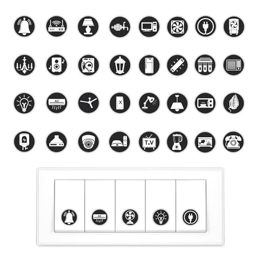 GLUN® Electric Board Switch Stickers, 38 Icons 600 Stickers Set Black Base & White Icon, for All Types of Appliances or Machinery, Fan, Light, Fridge, AC, Switch Stickers