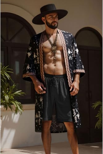 PRODESIGN Mens Satin Kimono Robe - Long Silky Sleepwear Nightgown Egyptian Bathrobe Dressing Gown Cardigan Beach Cover Up4