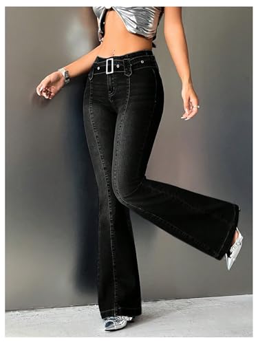 WDIRARA Women's Low Rise Belted Flare Jeans Stretchy Bell Bottom Denim Pants4