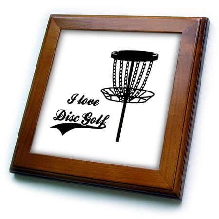 3dRose 8x8 Framed Tile - I Love Disc Golf with disc Golf Basket. Black on White Background. Stamp City - Typography - disc Golf