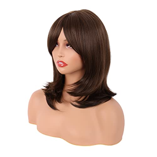 MapofBeauty 18 Inch/45 cm Layered Bangs Straight Synthetic Fiber Shoulder Length Hair Daily Use Wig (Brown) - Image 3
