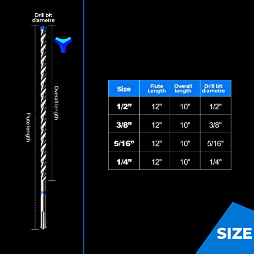 Toolant Rotary Hammer Drill Bits Set Sds Plus Bits 3/8"*12" 1Pc, Impact Rotary Hammer Carbide-Tipped 4 Flutes Drill Bit For Bricks, Blocks, Stone #TOP4