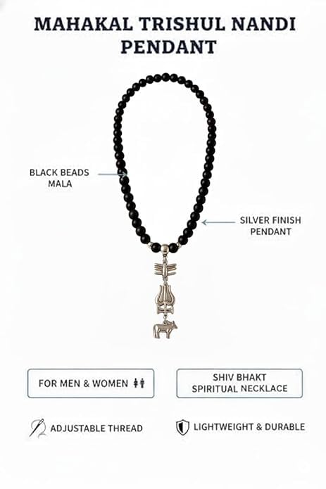 Image of Mahadev Trishul & Nandi Pendant Necklace for Men - Silver Finish Mahesh babu Shiv Pendant with Black Beads Mala | Spiritual Devotional Fashion Jewellery for Daily Use & Gifting Accessories for Men | Birthday Gift for Boy