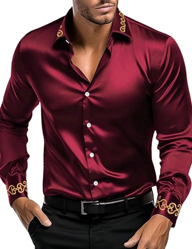 OYOZONE Men's Satin Luxury Dress Shirt Slim Fit Silk Casual Dance Party Long Sleeve Fitted Wrinkle Free Tuxedo Shirts Red