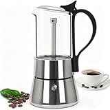 DITOSH 4 Tasse Verre Transparent Moka Cuisinière en Acier Inoxydable non Enrobée Espresso Cafetières Italiennes Mocha Greca Machine Café Cuisinières à Induction Classiques Home Camping 220ml