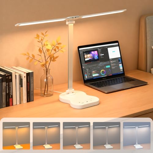 Morotty Lámpara de Escritorio,Lámpara de Mesa Led con Cabezales Dobles,5 Modos de Color,10 Brillos,Control Táctil,Luz de Escritorio Regulable para el Hogar Oficina Dormitorio Lectura - Blanco