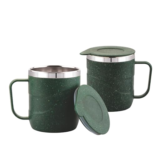 Image of ATTRO Brew Mug-Set of 2 - 300ml Stainless Steel Inner with eco Friendly Outer Body, Durable Stylish, Microwave Safe Coffee & Tea Mug with Handle & Lid, Perfect for Home, Office, Travel-Miltary Green