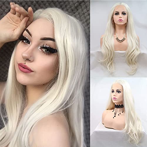 Xiweiya Peluca sintética blanca rubia 12* 1 T parte frontal de encaje ondulado pelucas de fibra resistente al calor Glueless onda natural platino Cover