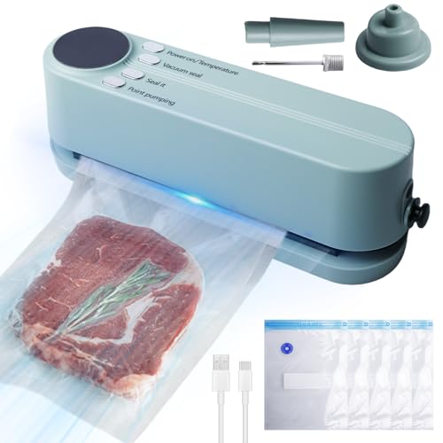 Mini macchina per sottovuoto portatile, 60 Kpa, con 3 livelli di temperatura, 4 sacchetti sottovuoto, gonfiatore e adattatore di aspirazione dell'aria, dispositivo wireless per la conservazione di