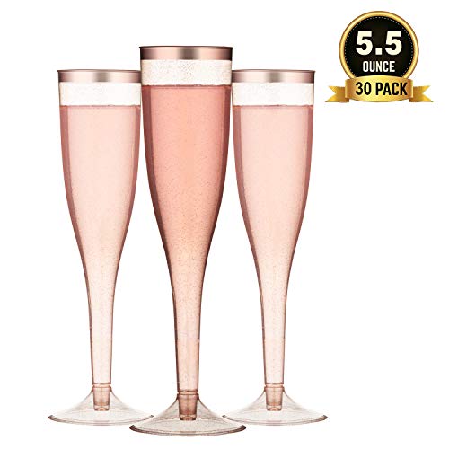 TOROTON 30 Flautas de Champán de Plástico, 162ml Reutilizables Transparente Copas de Champán, Vasos Alargadas Champagne para Fiestas Cumpleaños Boda - Oro Rosa Bordeado y Brillo