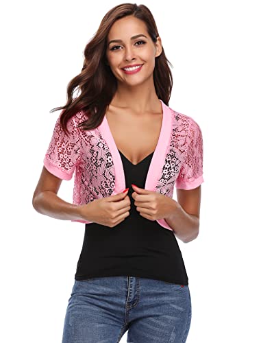 Gyabnw Cárdigan Bolero para Mujer Bolero de Encaje de Manga Corta Frente Abierto Encaje Cárdigan Corto Ligero Cubrir Bolero de Encaje Floral, Rosa, M Cover