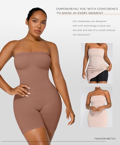 Image of SHAPELLX Women's Shapewear Bodysuits Tummy Control Butt Lifter Body Shaper Strapless Seamless Mid Thigh Jumpsuit Tops