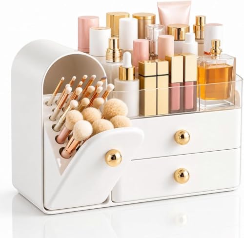 Image of HBlife Makeup Organizer Countertop with Drawers, Vanity Organizers with Brush Holder, Bathroom Counter Organizer for Perfume, Nail Polishes, Lipsticks, Skincare and Eyeshadow Palettes, White and Gold