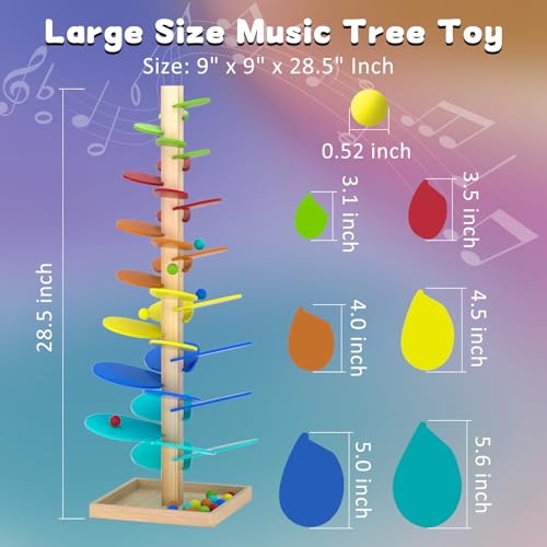 Montessori Toy Building Blocks Wooden Musical Tree, Christmas Tree Ball Drop Ramp, 3D Rainbow Musical Tree, Marble Ball Run Track Game with 18 Colorful Balls, Wooden Rolling Balls Toy for Toddlers - Thumbnail 2
