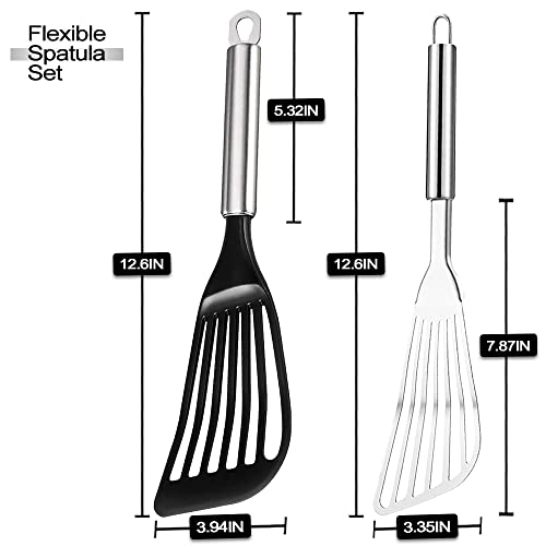 Tenta Kitchen Utensils & Gadget Tool Set Stainless Steel Metal Slotted Spatula,Nylon Fish Egg Spatulas Nonstick Turner, Wide Flate Slotted Spatulas Nylon For Cookingware (Set Of 2)