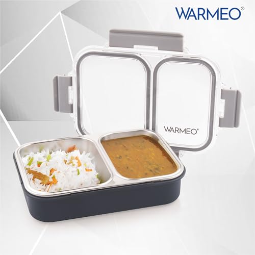 Image of WARMEO BENTO Microwave-Safe Stainless Steel Lunchbox with 2 compartments,bpa Free,Perfect for Office, School, Travelling, 750ml-Grey