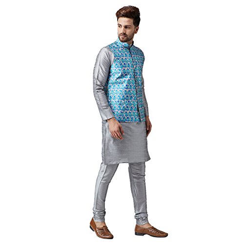 Image of SOJANYA (Since 1958, Men's Silk Blend Grey Kurta Pyjama & Silk Blend Jacket Combo