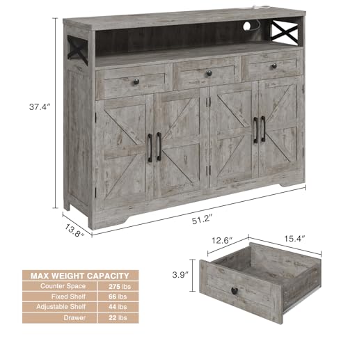 Image of 51 inch Farmhouse Buffet Sideboard Cabinet with Drawers and Barn Doors, Storage | Cabinet with Shelf, Kitchen Pantry Cabinet Hutch, Coffee Bar Station for Kitchen, Dining, Living room, Washed Grey