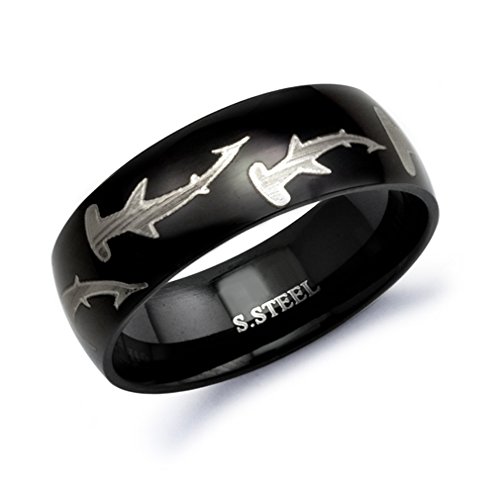 Kriskate & Co. 8mm Black Plated Stainless Steel Ring with Engraved Hammerhead Shark Design (14)