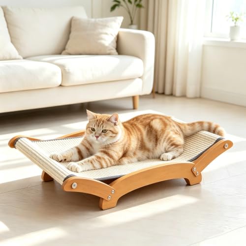 AFENGAU Extra Large Sisal Cat Scratcher Bed, 2-in-1 Lounger and Scratching Pad with Hammock, Solid Wood Frame, Heavy Duty for Big or Multiple Indoor Cats
