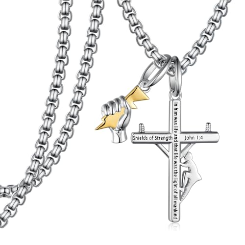 925 Sterling Silver Lineman Cross Necklace for Men, Unique Lineman Gifts, Electrician Jewelry, Faith Pendant Necklace, Cool Accessories for Men
