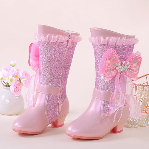Girls Winter Low Heels Warm Fur Boots Glitter Rhinestone Bowknot Princess Boots2