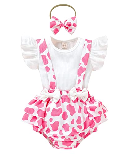 Image of Newborn Infant Baby Girl Ruffle short Sleeve Ribbed T-Shirt Top Cow Print Suspender Shorts Headband Clothes (Pink Cow, 0-3 Months)