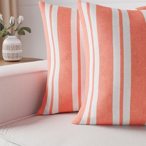 Image of Encasa XO Farmhouse Throw Pillow Covers Set of 2 (24x24 in) Franca Orange Stripes | Decorative Cushion Covers No Inserts | Plaid and Stripes Pillow Covers for Living Room, Couch